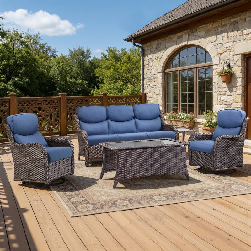 Meyreso 5-Piece Wicker Outdoor Patio Conversation Set with 5-Inch Thick Olefin Cushions - Brown Wicker - Navy Blue Cushions