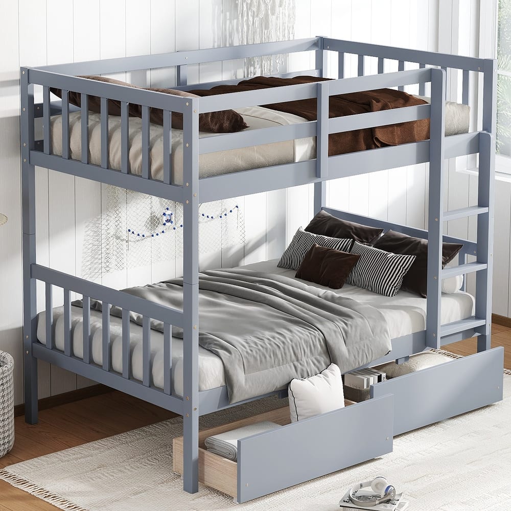 Rubber Wood Frame Bunk Beds with Wheels, Ladder and Safety Guardrails Convertible into 2 Beds - Available with Drawer or Trundle