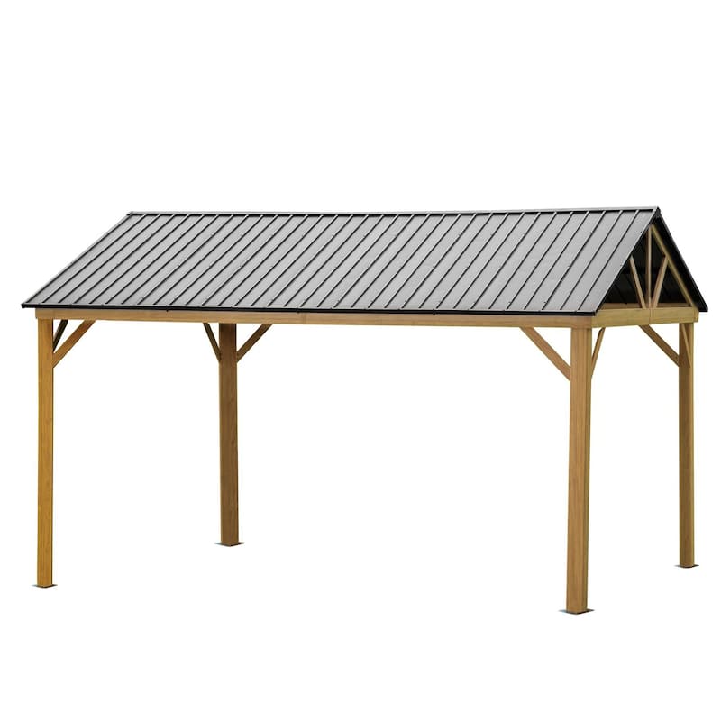 12' x 14' Outdoor Yellow-Brown Aluminum Hardtop Gazebo with Galvanized Steel Gable Canopy - Brown