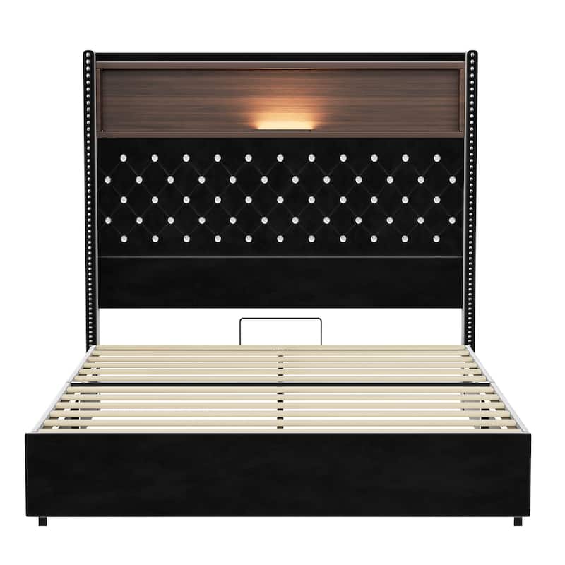 Full Size Velvet Tufted Soft Bed Frame with USB Port and Night Light, 52" High Headboard with Rivet Decoration