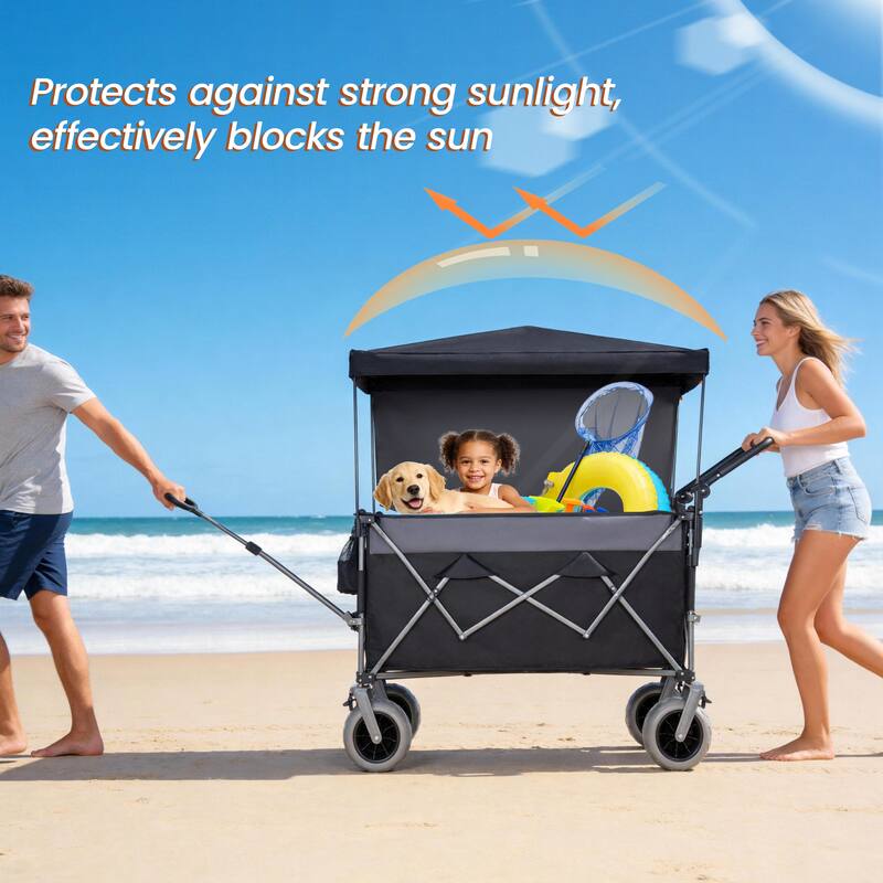 Multi-Functional Push-Pull Folding Wagon Cart with Rotating Handle & Canopy, 9"x4" Beach Tires, 300L Large Capacity