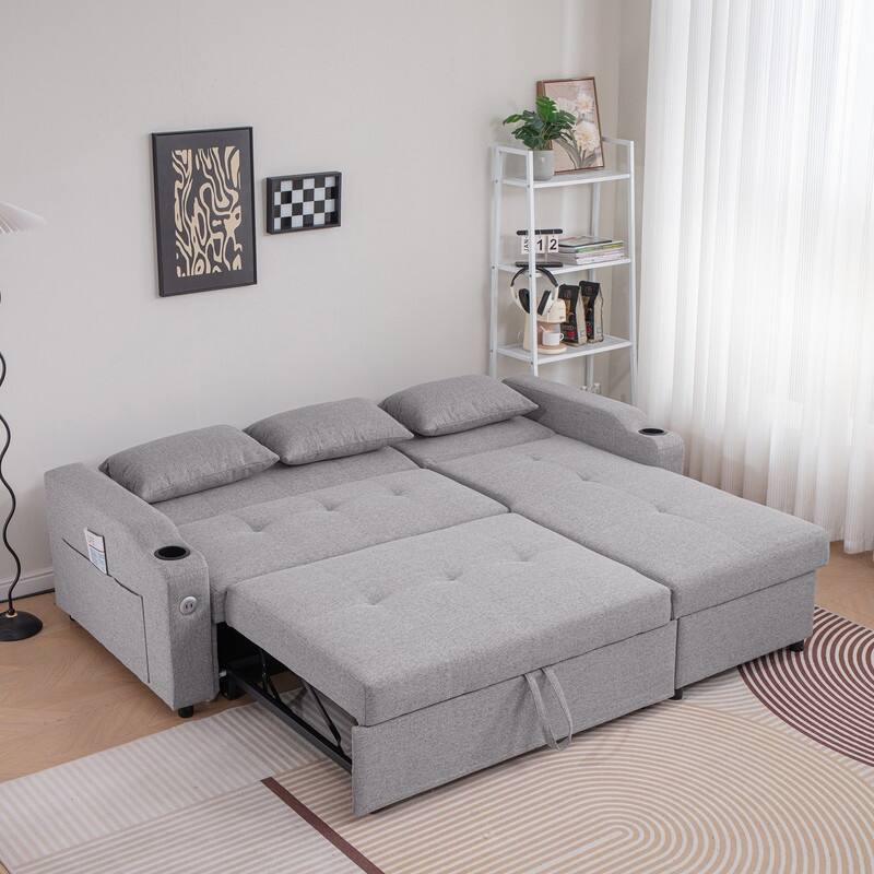 Modern Upholstered Linen Sleeper Sofa Sectional with Chaise,Pull Out Couches with USB Ports & Cup Holders