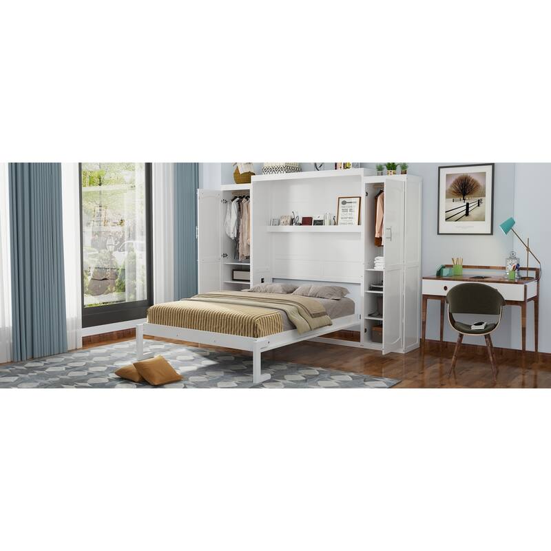 Queen Size Foldable Murphy Bed with Wardrobes and Storage Shelf, Space-Saving Platform Bedframe for Guest-Room, White