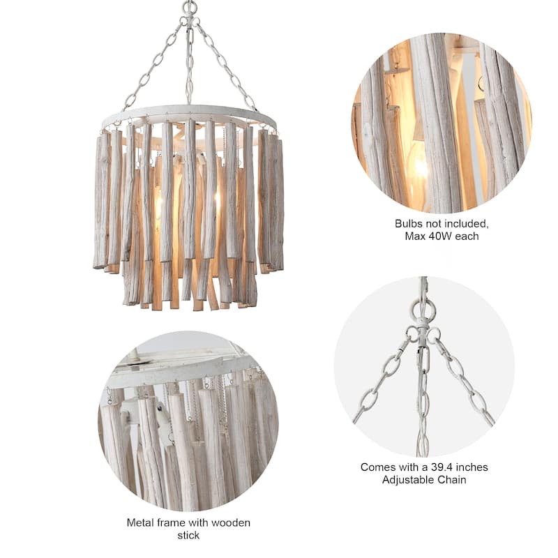 17" 4-Light Coastal 2-Tier Round Fringe White Wood Chandelier - 16.93 " D x 16.93 " W x 29.13" H