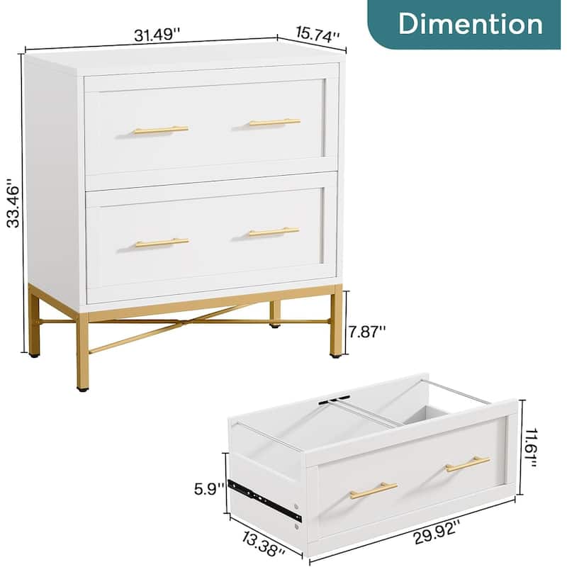 31.49-Inches Modern White & Gold 2-Drawer Lateral File Cabinet, Wood Filing Storage Cabinet