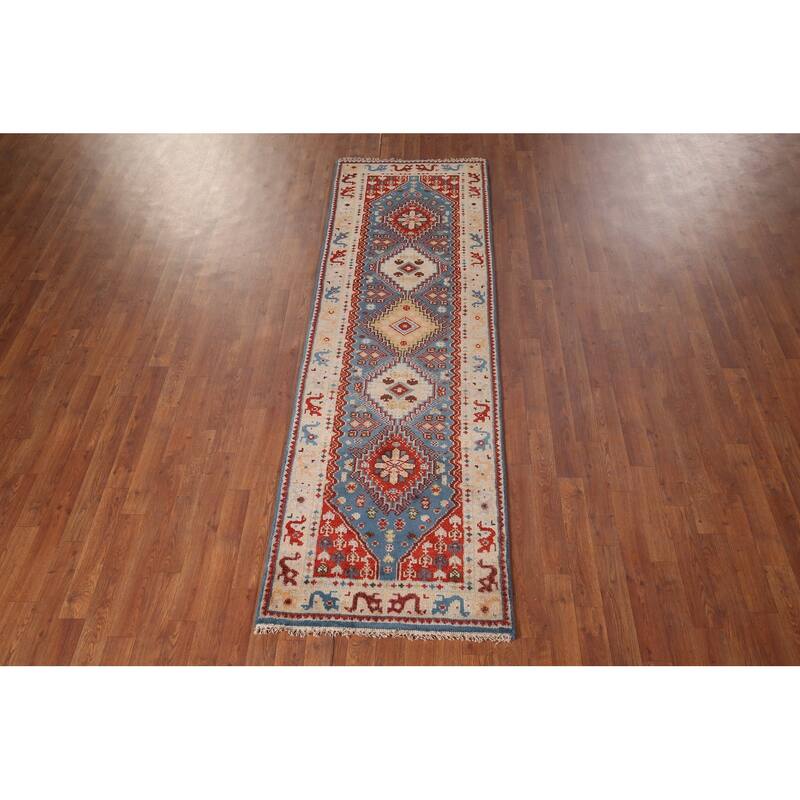 Blue Geometric Kazak Indian Foyer Rug Handmade Wool Carpet - 2'6"x 6'0"