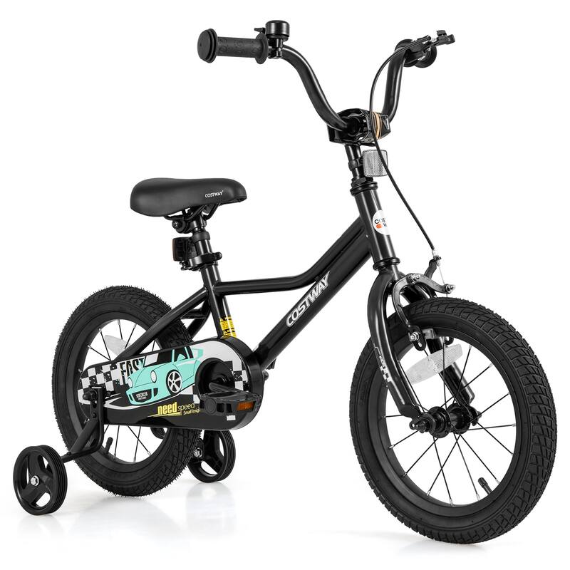 Black Kids Adjustable Bike with Training Wheels and Enclosed Chain Guard Dual Brake System