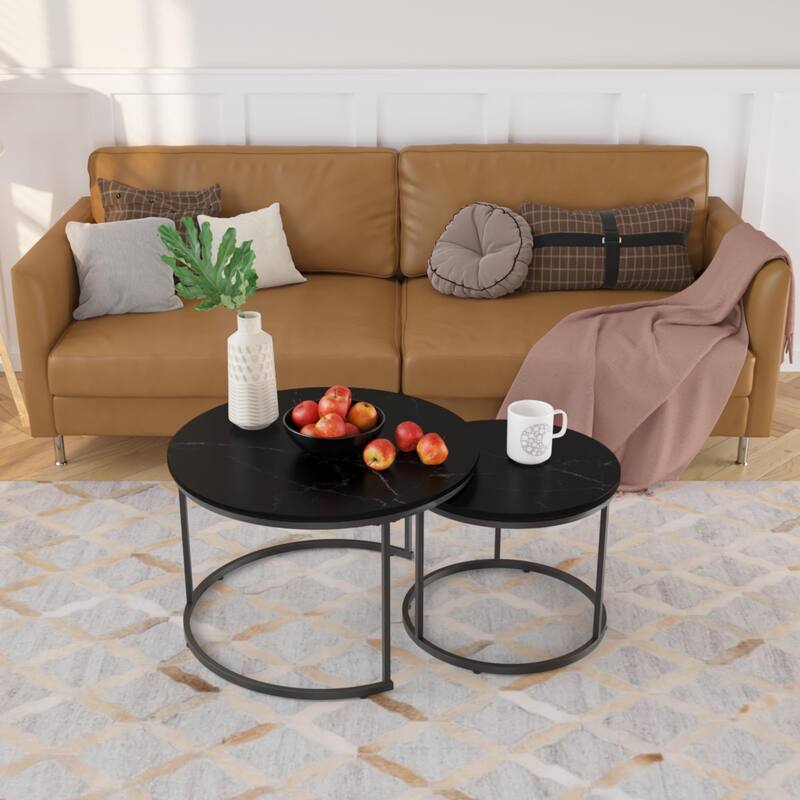 Anmytek Round Nesting Coffee Table Set 2 Piece Wood and Metal Side Tables for Living Room
