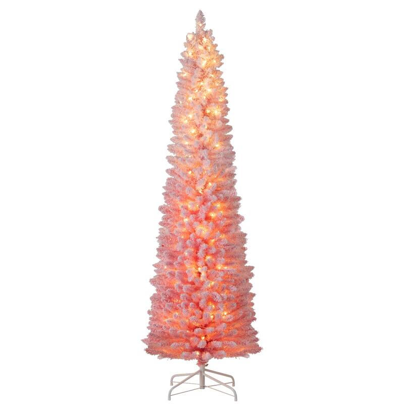 Costway 6/7 FT Snow-flocked Artificial Pink Christmas Tree with 140 - See Details - 7 Foot