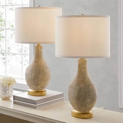 24.5-inch Washed Beige/Gold Farmhouse Table Lamp with White Linen Shade, 9.5-Watt LED Bulbs Included (Set of 2) - 2-Pack--24.5"H