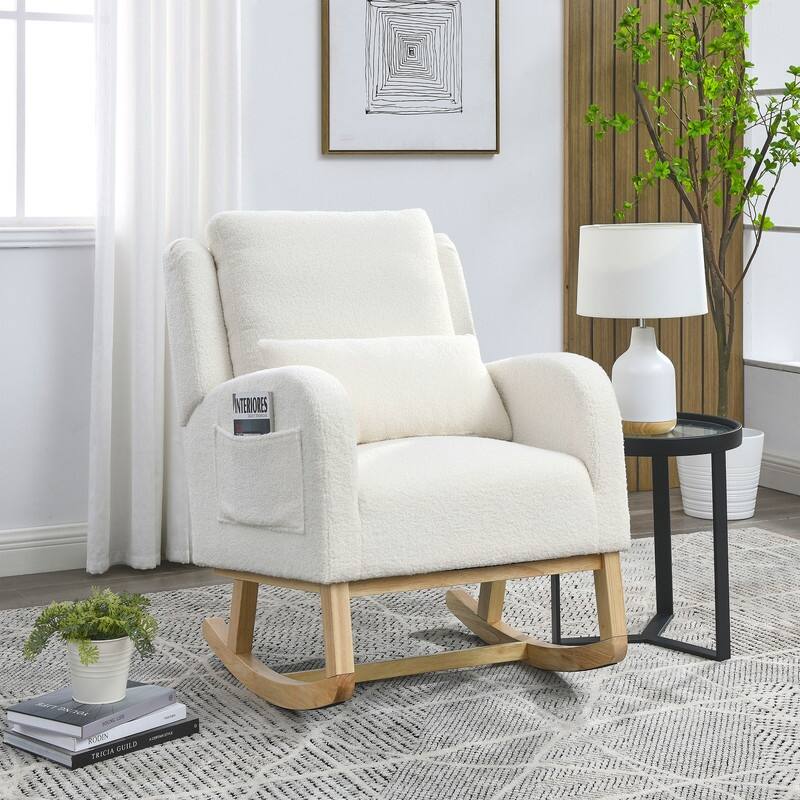 Grondin Modern Style Rocking Chair, Teddy Fabric Upholstered Nursery Rocker with Side Pockets
