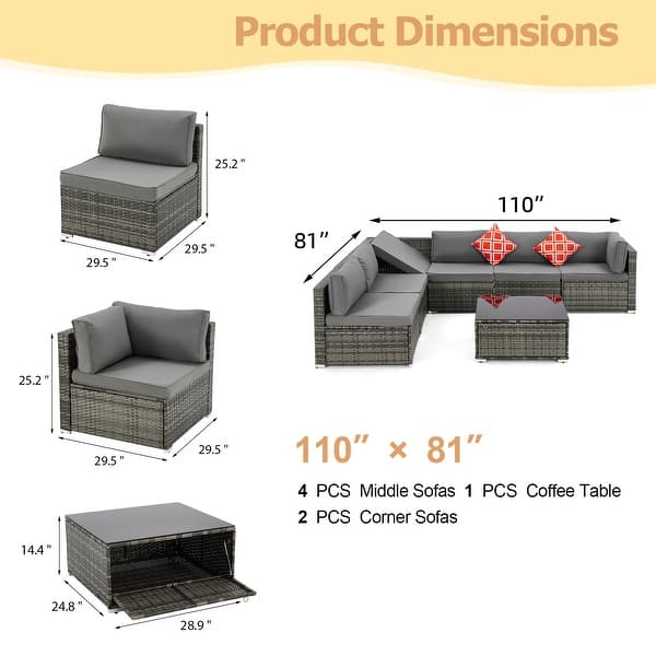 dimension image slide 0 of 6, EROMMY 6/7 Piece Modular Outdoor Rattan Sofa Set, All-Weather Wicker Patio Furniture with Storage Table, Cushions & Pillows