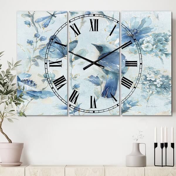 slide 2 of 6, Designart 'Indigold Watercolor Flower III' Cottage 3 Panels Oversized Wall CLock - 36 in. wide x 28 in. high - 3 panels