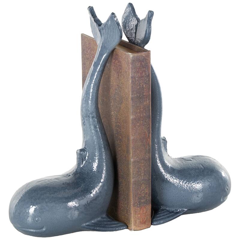 Blue Metal Dolphin Decorative Bookends with Raised Tails (Set of 2) - 4"W x 5"L x 10"H
