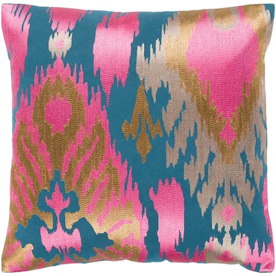 Dobra Teal & Pink Embroidered Ikat Feather Down Throw Pillow (22" x 22")