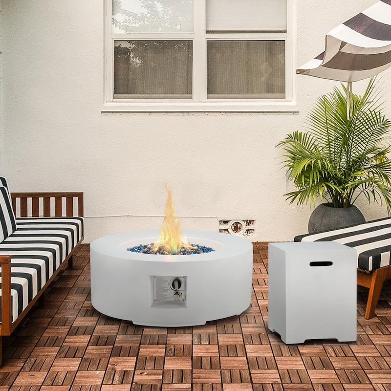 AVAWING 50,000 BTU Outdoor White Round Propane Fire Pit Table with Tank Holder - White - Propane