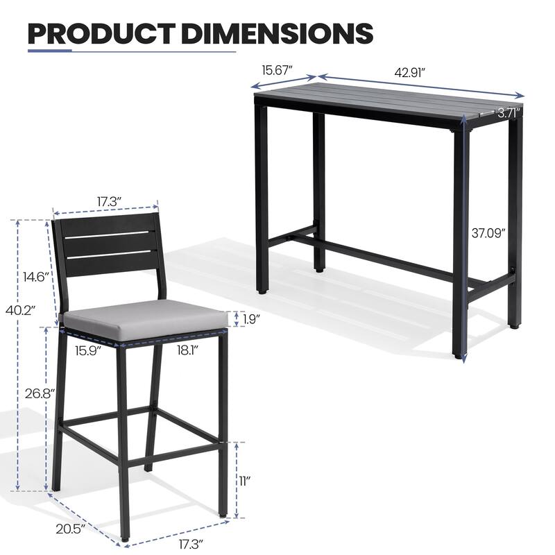 Outdoor Patio Bar Stools Set Rectangle Bar Table and Barstools with Cushion - N/A