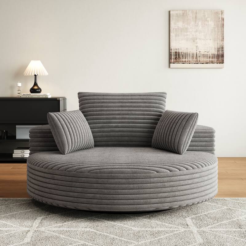 Oversized Swivel Accent Chair, Corduroy Round Lounge Sofa Chair, Upholstered Reading Armchair with Back Cushion & 2 Pillows