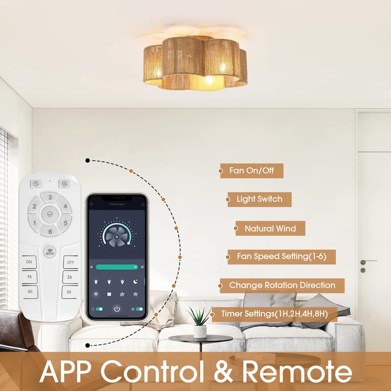 21" Boho Chic Natural Rope Gold Smart Ceiling Fan Flush Mount with Remote and App