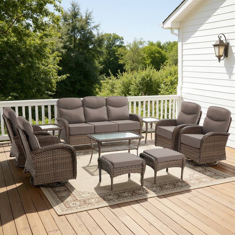 Luna 10-Piece Wicker Patio Conversation Set with Swivel Gliders and 6-Inch Thick Olefin Cushions