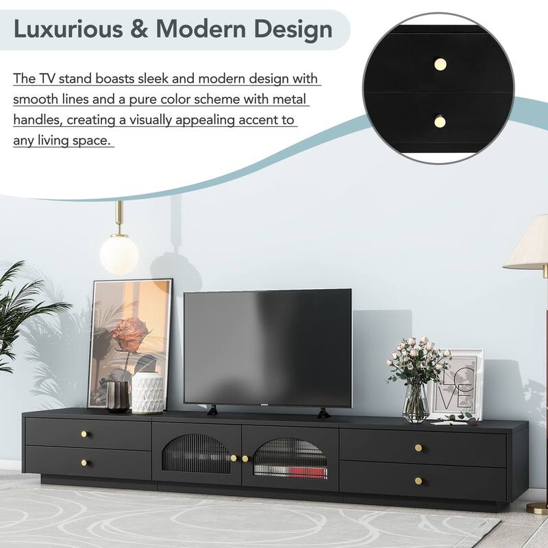 Modern Luxurious TV Stand, for TVs Up to 95'' with Fluted Glass Doors 2 Drawers and Tempered Glass Shelf, for Living Room, Black