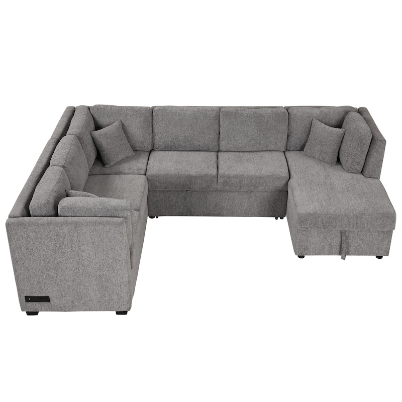 U-shaped Sectional Sofa Pull out Sofa Bed,2 USB Ports,2 Power Sockets,3 Back Pillows,Storage Chaise