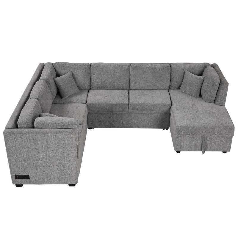 U-shaped Sectional Sofa Pull out Sofa Bed with Two USB Ports, Two Power Sockets, Three Back Pillows and a Storage Chaise