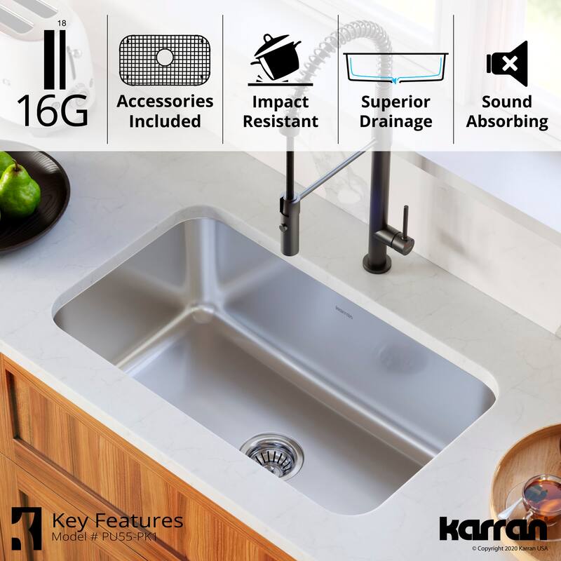 Karran USA PU55-PK1 Profile 30" Undermount Single Basin Stainless - Satin Brushed Stainless Steel