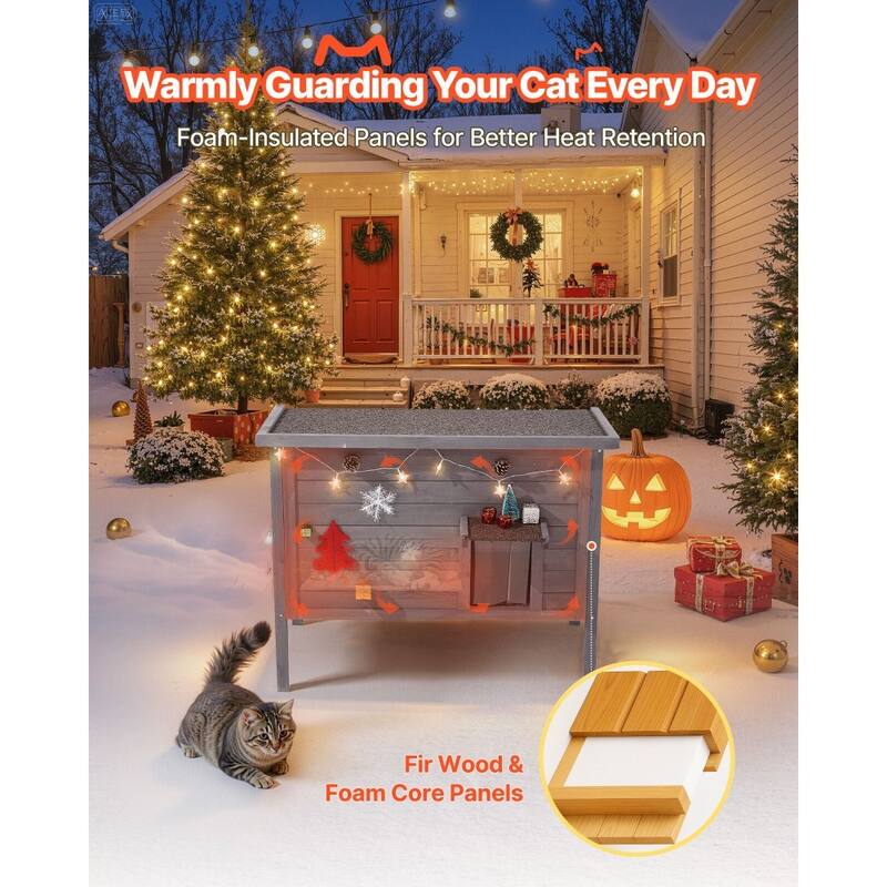 Insulated Wooden Cat House with Heating Pad and Waterproof Outdoor Shelter for Multiple Cats