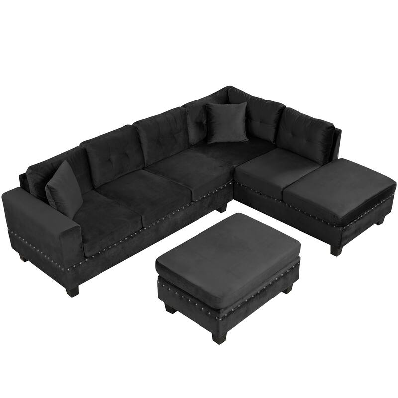 105.1" Velvet L-Shaped Sectional Sofa with Ottoman & Cup Holders