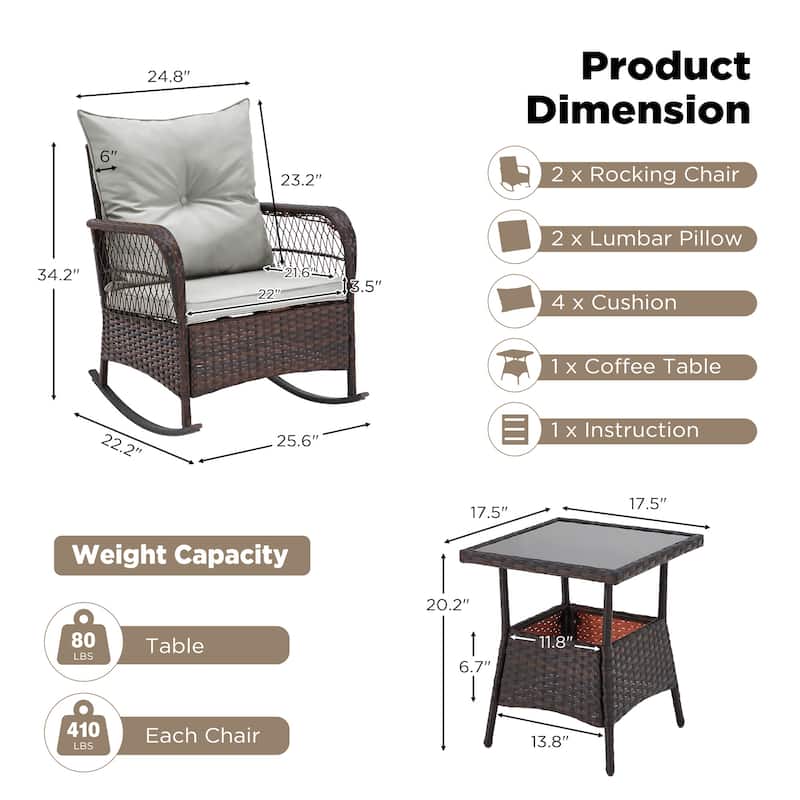 3-Piece Outdoor Rocking/Swivel Chair Set - PE Rattan Patio Furniture with Cushions & Coffee Table, Rocker Chairs for Backyard