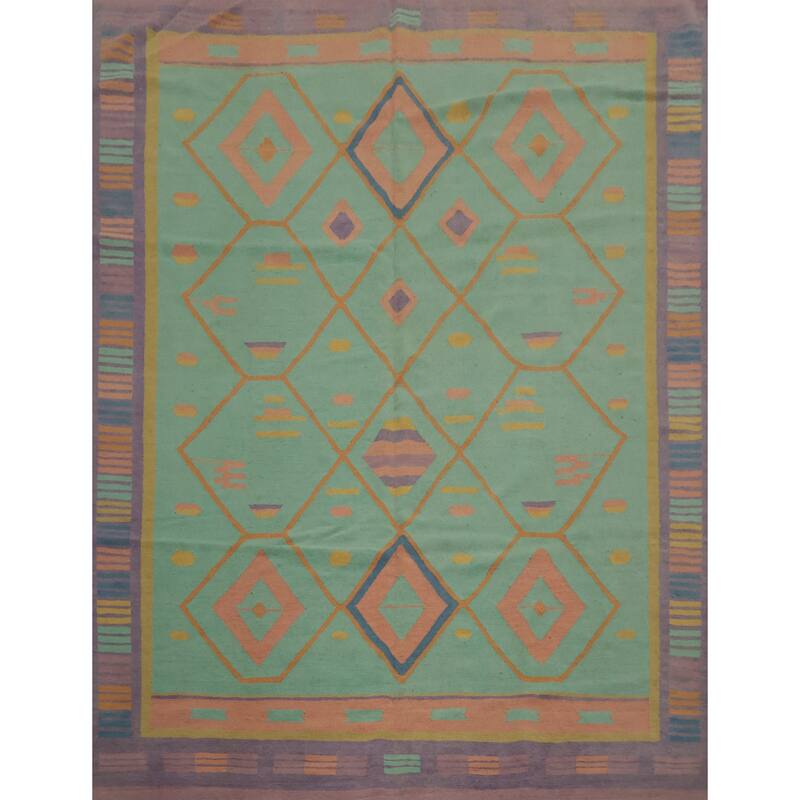 Hand Woven Oriental 100% Wool Carpet Southwestern Tribal Green Kilim Area Rug - 9' 8'' X 8' 9''