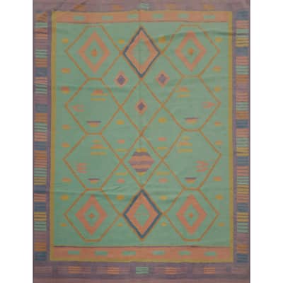 Hand Woven Oriental 100% Wool Carpet Southwestern Tribal Green Kilim Area Rug - 9' 8'' X 8' 9''