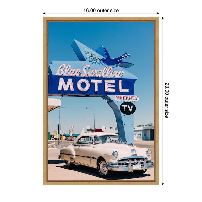Blue Swallow Motel by Bethany Young Framed Canvas Wall Art Print - Sylvie Natural - 16 x 23 in