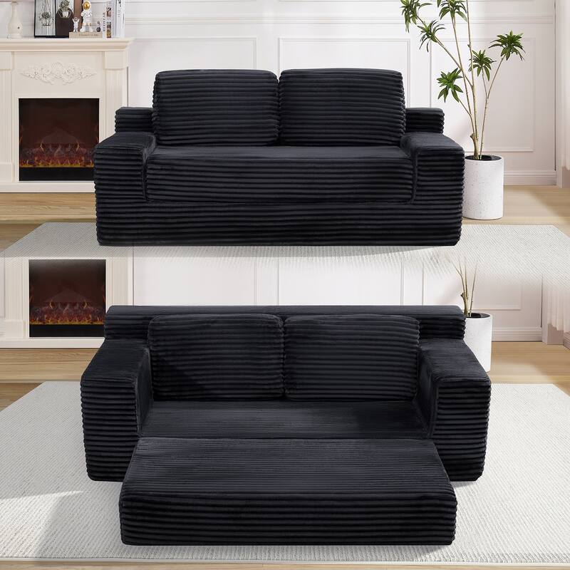 Corduroy Sleeper Couch, 2-in-1 Convertible Floor Sofa Bed, Memory Foam Boneless Loveseat with Side Pockets for Living Room