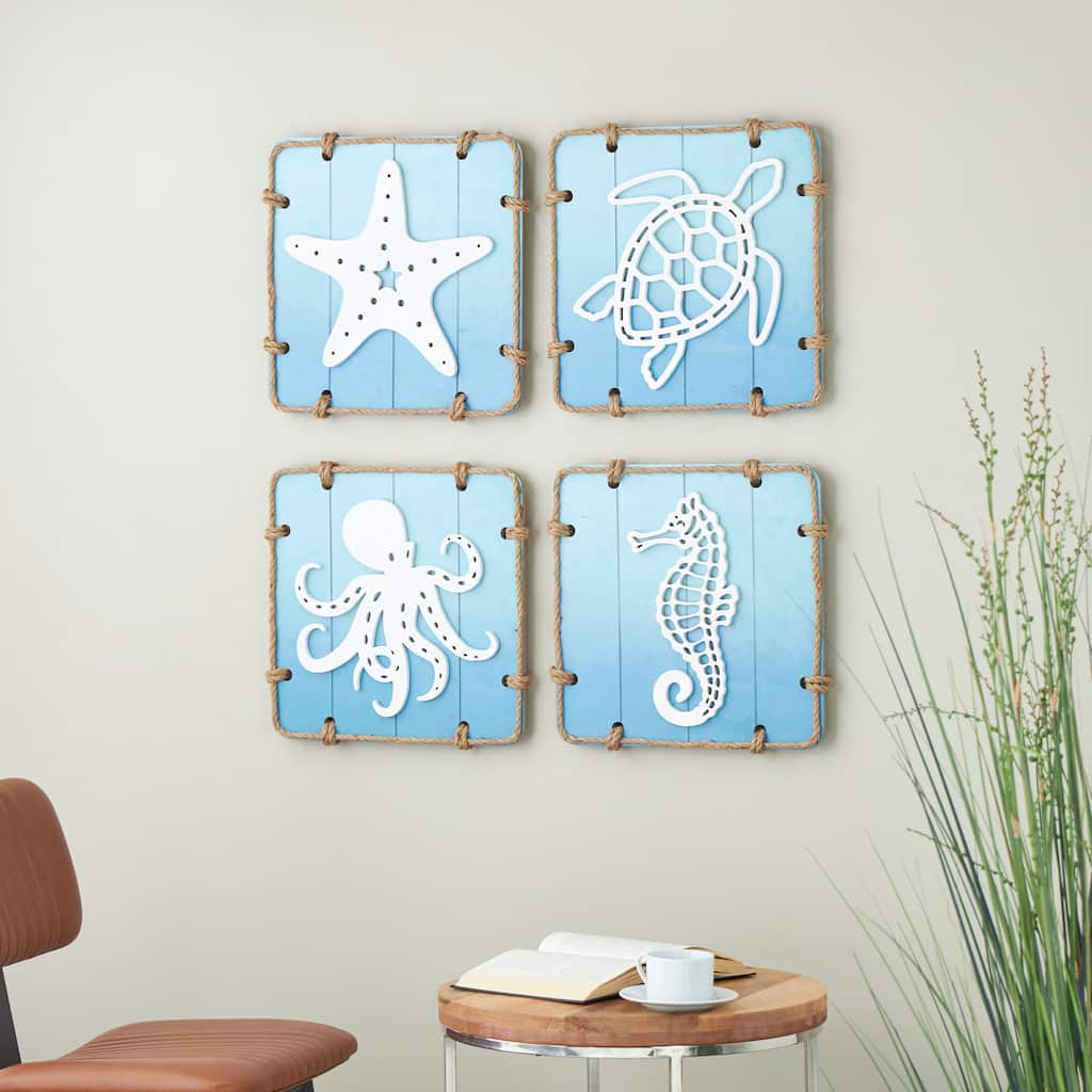 Blue Wooden Ombre Sea Life Home Wall Decor with Rope Accents (Set of 4)