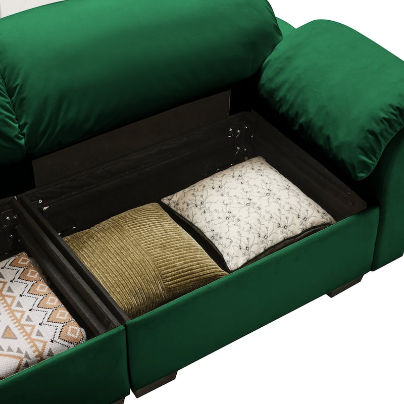 GDFStudio - Moss Velvet Deep Seat Sofa with Storage and 1 Ottoman