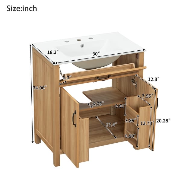 dimension image slide 1 of 6, Natural Oak Bathroom Vanity with Ceramic Sink Solid Wood MDF Storage Cabinet for Bathroom 24/30/48/60 inches