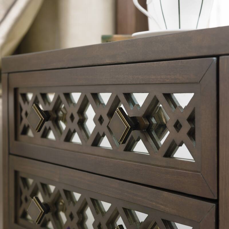 Leick Home Mirrored Diamond Filigree Two Drawer X Base Nightstand Side Table