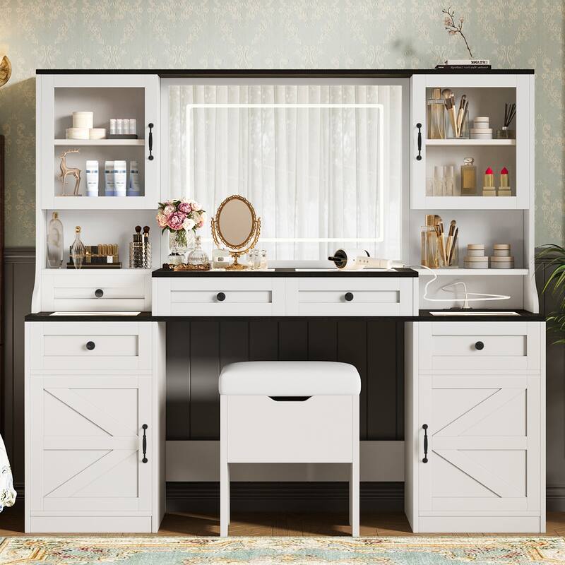 Large Makeup Vanity Desk with Mirror & Lights, Glass Top Vanity Set with Charging Station & Cabinets, Dressing Table with Stool - White