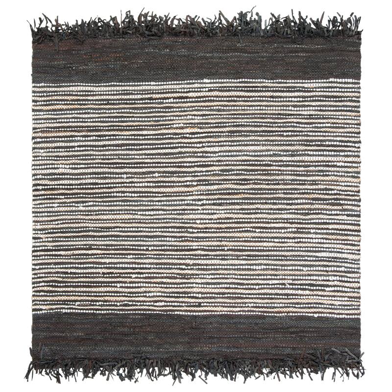 SAFAVIEH Handmade Vintage Boho Leather Zhanna Modern Stripe Leather Rug with Fringe - 6' Square - Dark Brown/Multi