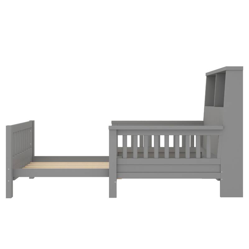 Pull Out Twin Size Platform Bed Converted into Baby Crib and Sofa with Storage Headboard and Removable Footboard