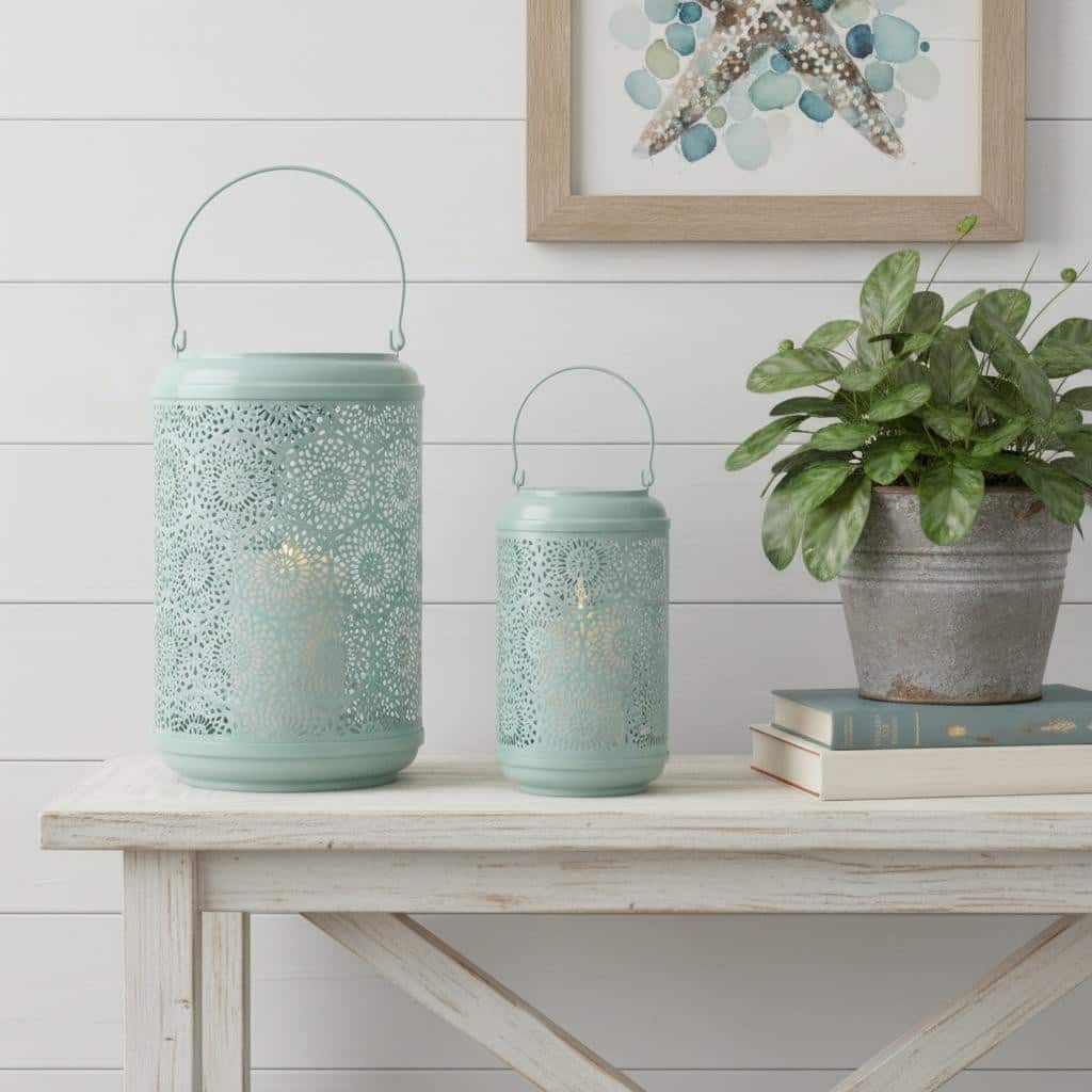 Set of Two Green Abstract Metal Tabletop Lantern Candle Holders