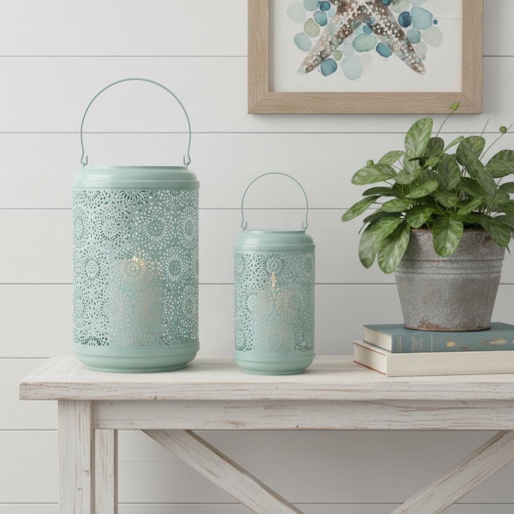 Set of Two Green Abstract Metal Tabletop Lantern Candle Holders