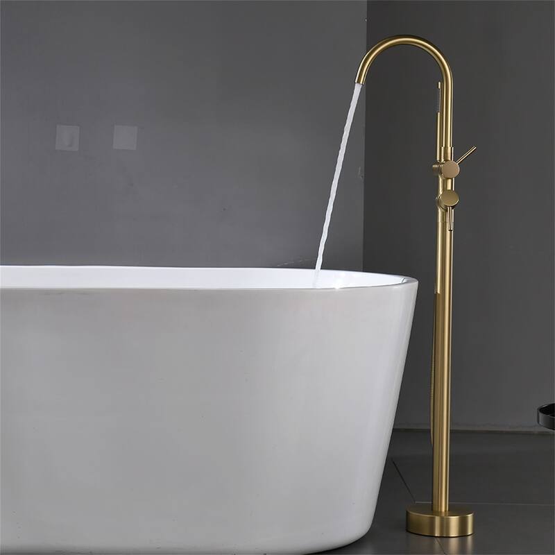 Freestanding Tub Faucet Brushed Gold Floor Mount Tub Filler with Double Handles and Handheld Shower Mixer Taps