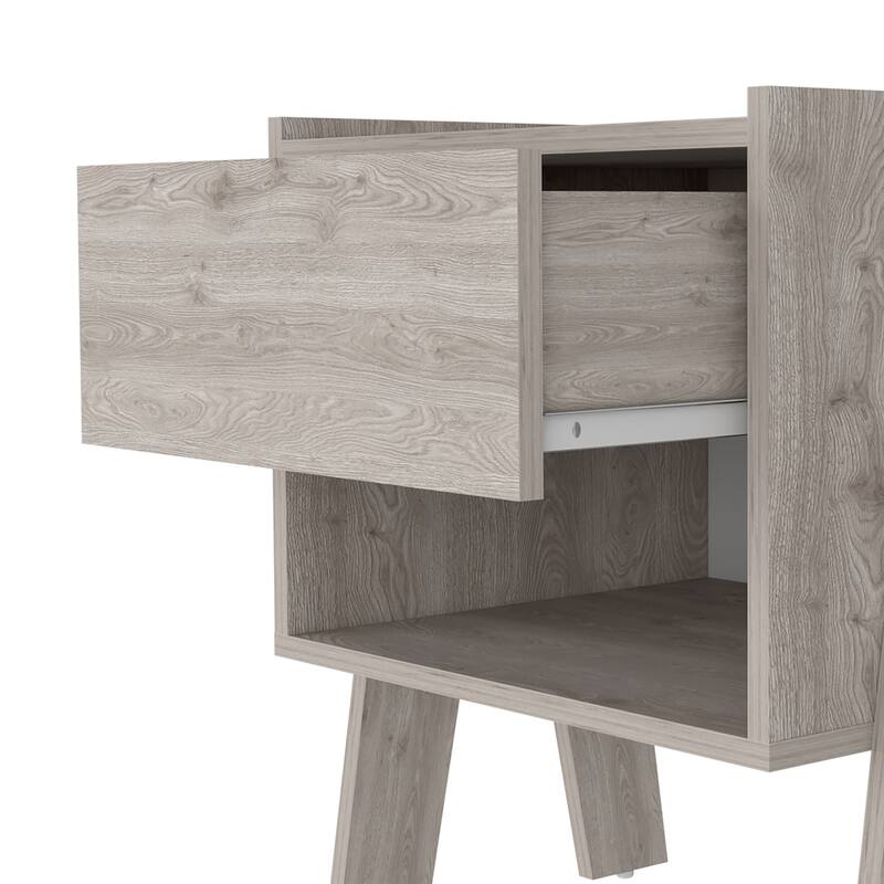 Light Gray Nightstand with Open Shelf and Drawer