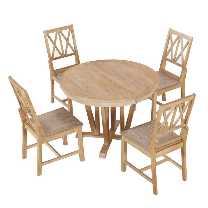 5-Piece Rustic Dining Set – Round Extendable Trestle Table & 4 Cross-Back Chairs for Kitchen or Dining Room‌.