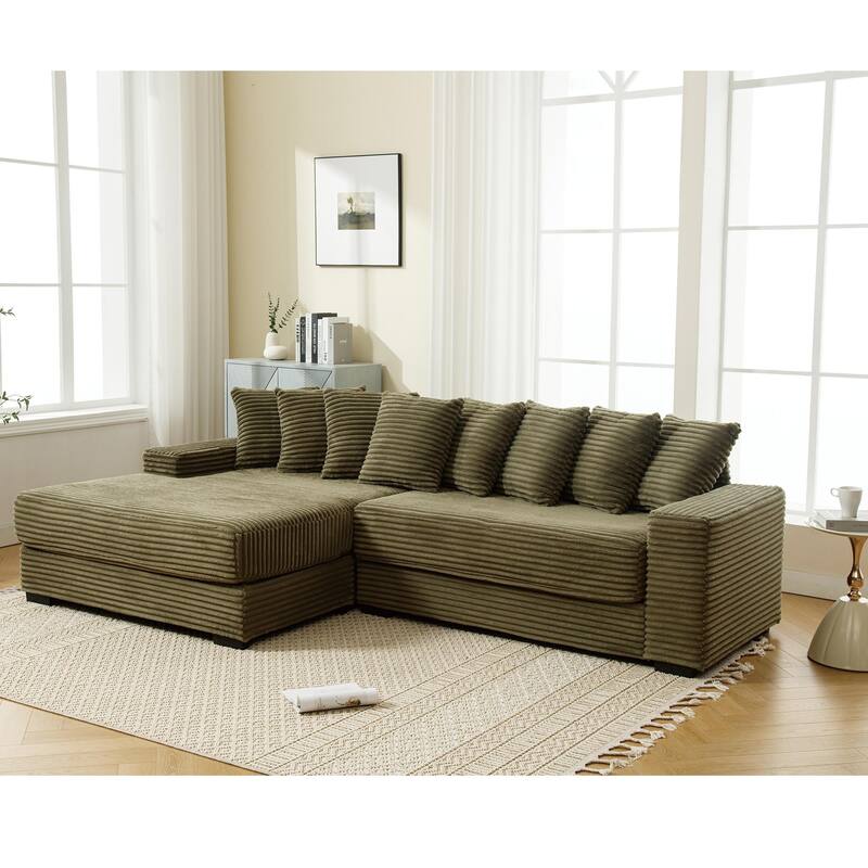 L Shaped Sectional Sleeper Sofa Corduroy Corner Sofa with Chaise Lounge and 8 Throw Pillows, Oversized Modular Daybed