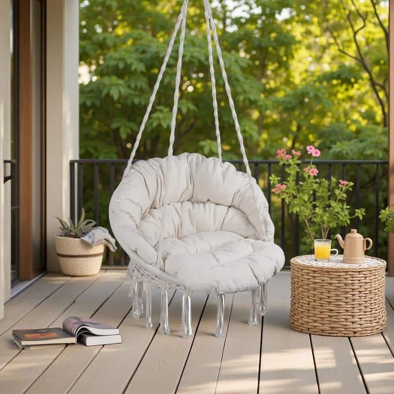 Cotton Macrame Hammock Chair with 330lb Capacity, Includes Cushion for Indoor/Outdoor Use