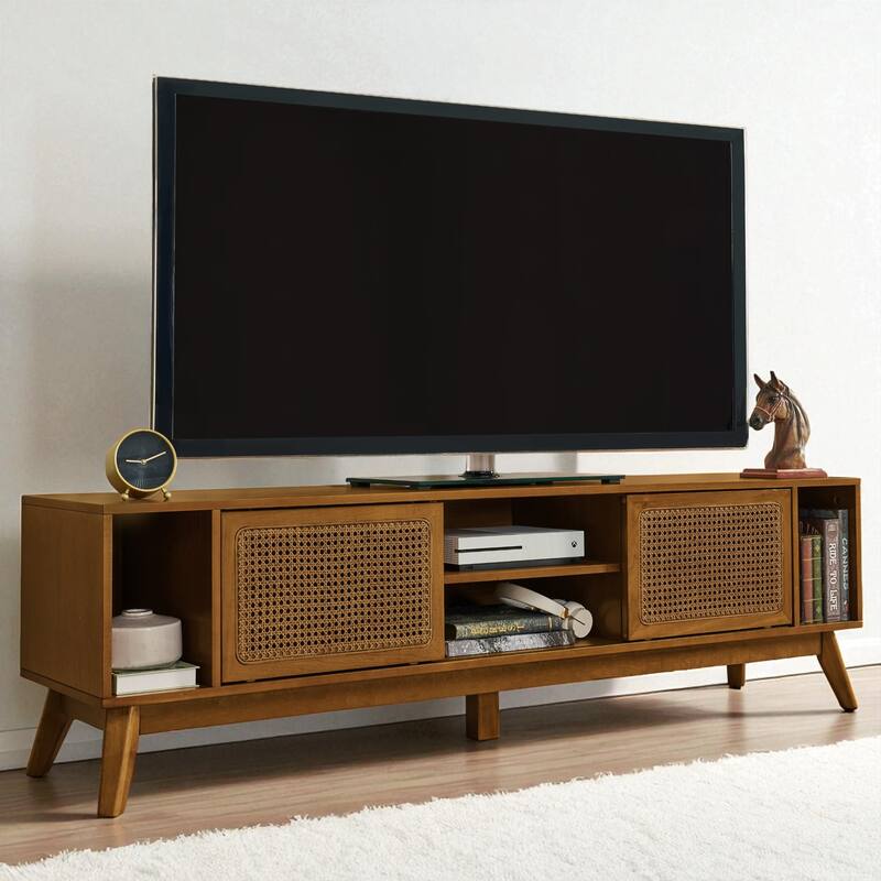 67.9" Mid-Century Modern Rattan TV Stand for TVs up to 75", Entertainment Cabinet with Sliding Doors & Solid Wood Legs